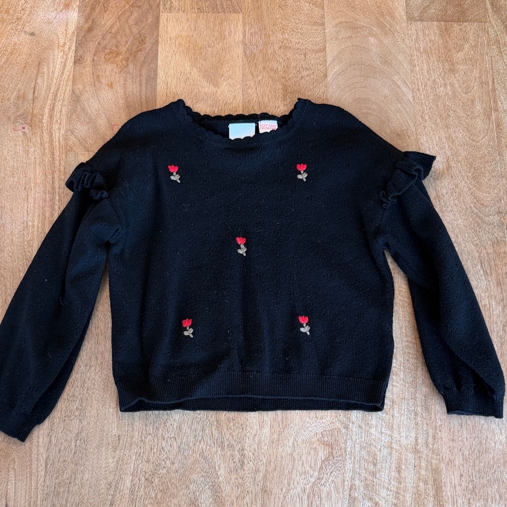 Zara Black Crewneck Sweater with Red Rose Embroidery